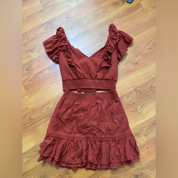 EXPRESS dark red linen blend crop top and pull on skirt 2 piece set outfit Small - Picture 2 of 11